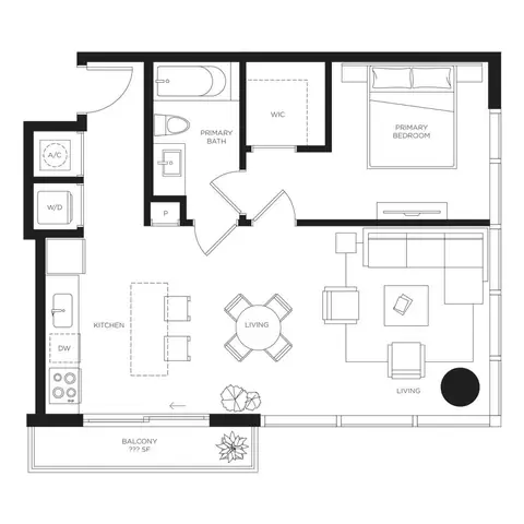 Floor plan A5, 1 bed · 1 bath · 692 sf