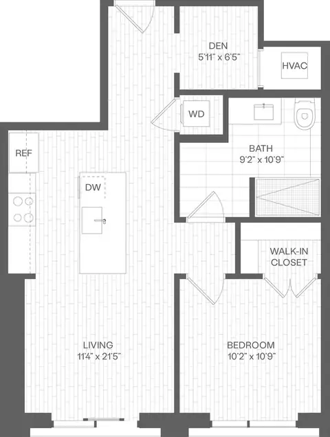 Floor plan 1 Bed/1 Bath Den-DC, 1 bed · 1 bath · 695 sf