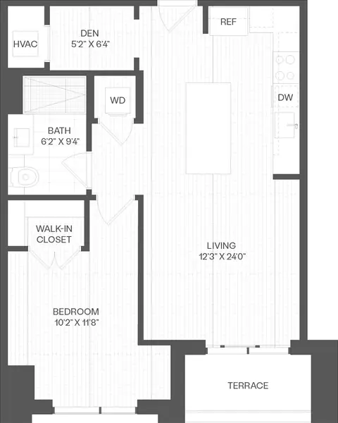 Floor plan 1 Bed/1 Bath Den-DA1, 1 bed · 1 bath