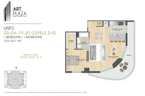Floor plan Units 03-04, 19-20, 1 bed · 1 bath · 945 sf