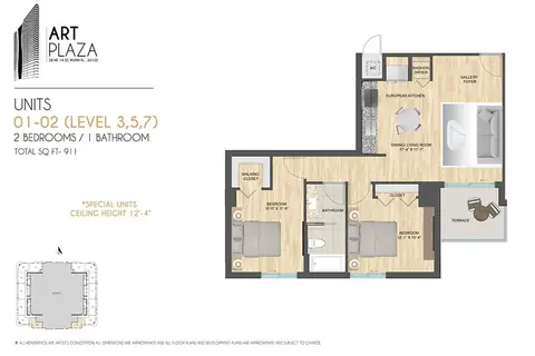 Floor plan Units 01-02, levels 3, 5, 7, 2 beds · 1 bath · 911 sf