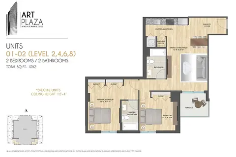 Floor plan Units 01-02, levels 2, 4, 6, 8, 2 beds · 2 baths · 1,052 sf