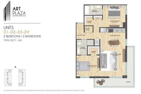 Floor plan Units 01, 02, 23, 24, 2 beds · 2 baths · 1,162 sf