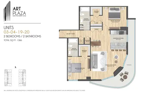 Floor plan Units 03-04, 19-20, 2 beds · 2 baths · 1,366 sf