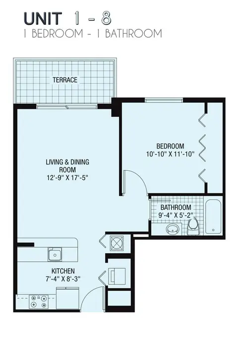Floor plan Unit 1-8, 1 bed · 1 bath · 708 sf