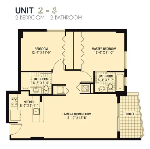 Floor plan Unit 2-3, 2 beds · 2 baths · 1,042 sf