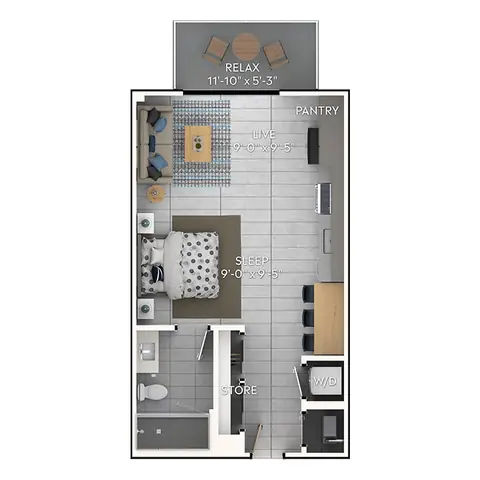 Floor plan E1, Studio · 1 bath · 547 to 551 sf