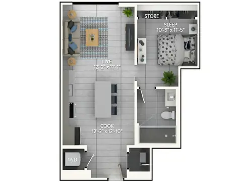 Floor plan A2, 1 bed · 1 bath · 634 sf