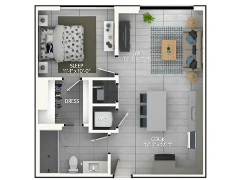 Floor plan A2a, 1 bed · 1 bath · 642 sf