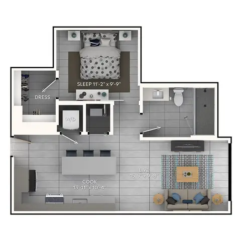 Floor plan A2b, 1 bed · 1 bath · 647 sf