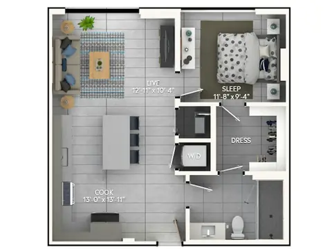 Floor plan A2c, 1 bed · 1 bath · 658 sf