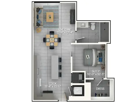Floor plan A2d, 1 bed · 1 bath · 671 sf