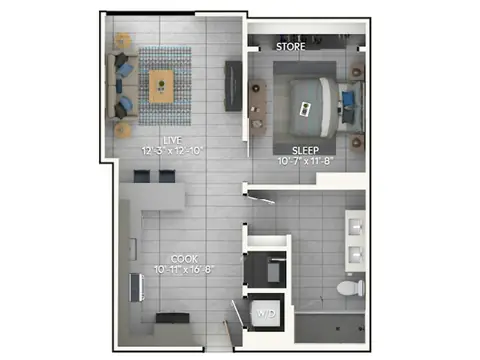 Floor plan A3a, 1 bed · 1 bath · 707 sf