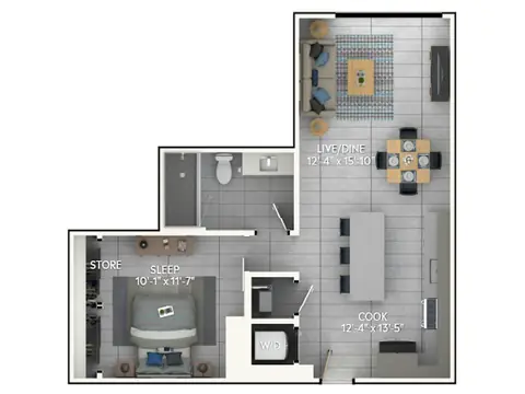 Floor plan A3b, 1 bed · 1 bath · 714 sf
