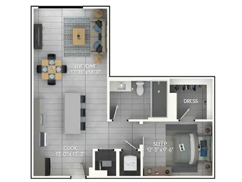 Floor plan A3d, 1 bed · 1 bath · 748 sf
