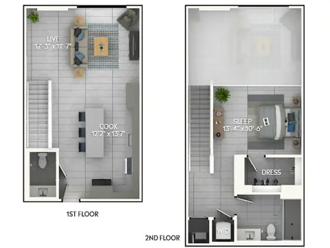 Floor plan A5L, 1 bed · 1.5 baths · 966 sf