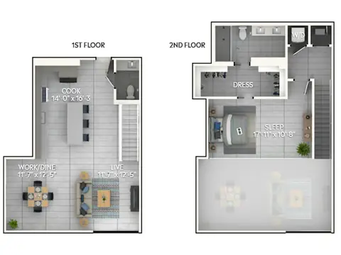 Floor plan A7eL, 1 bed · 1.5 baths · 1,198 sf