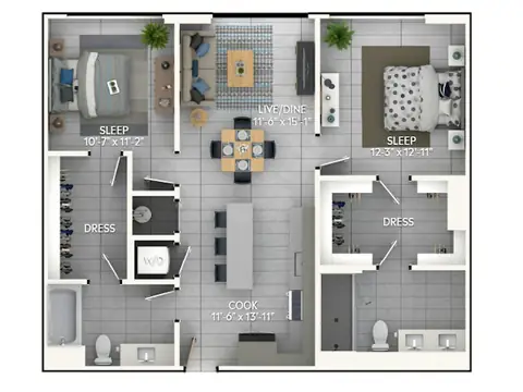 Floor plan C4c, 2 beds · 2 baths · 1,099 sf