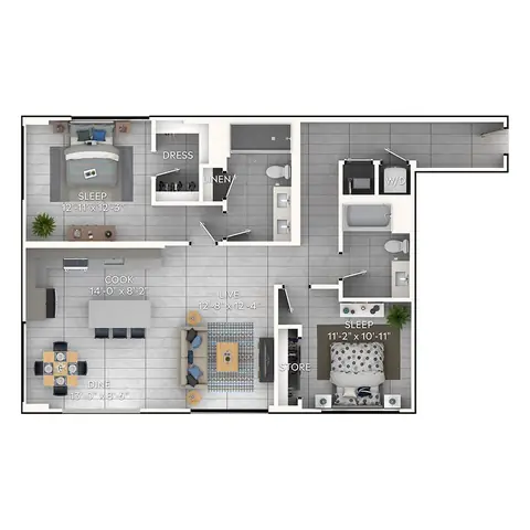 Floor plan C6, 2 beds · 2 baths · 1,296 sf