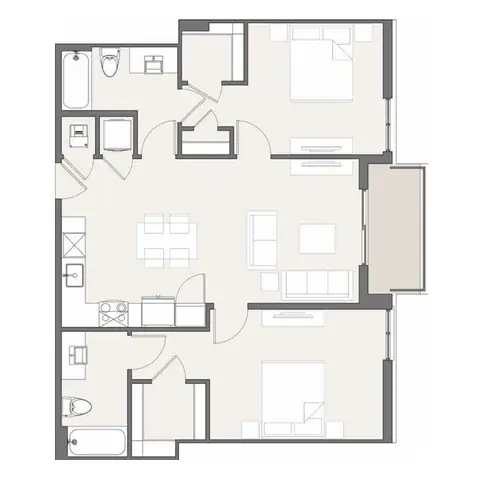 Floor plan B1.1, 2 beds · 2 baths