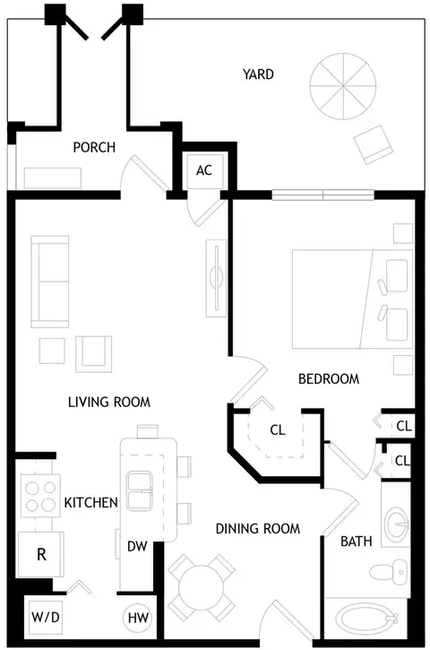 Floor plan A1, 1 bed · 1 bath · 696 sf