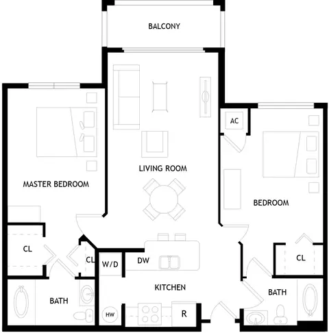 Floor plan B2, 2 beds · 2 baths · 1,038 sf