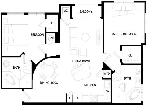 Floor plan B4, 2 beds · 2 baths · 1,264 sf
