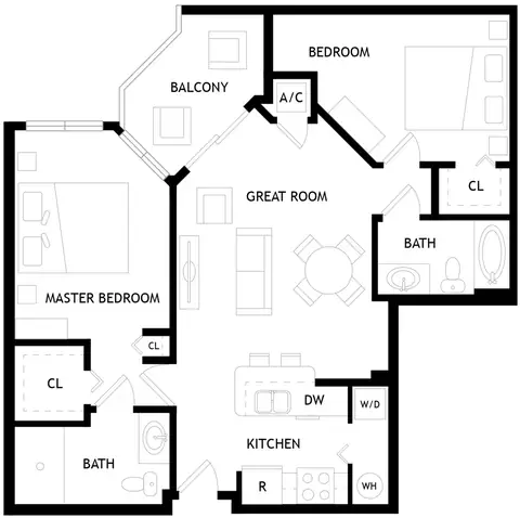 Floor plan B1, 2 beds · 2 baths
