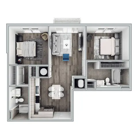 Floor plan B3, 2 beds · 2 baths · 957 sf