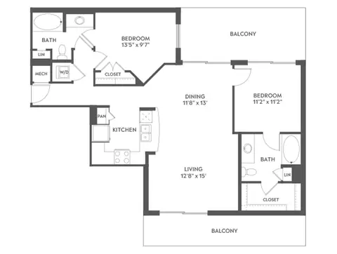 Floor plan C5b, 2 beds · 2 baths · 1,140 sf