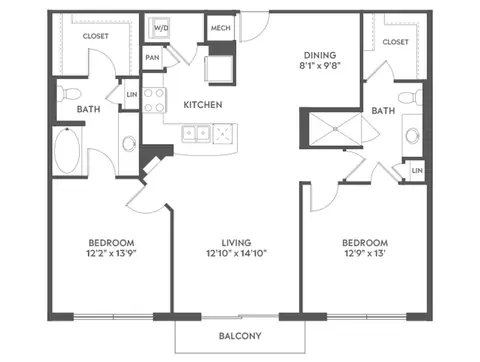 Floor plan C6, 2 beds · 2 baths · 1,195 to 1,252 sf