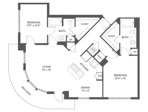 Floor plan C6b, 2 beds · 2 baths · 1,255 to 1,291 sf
