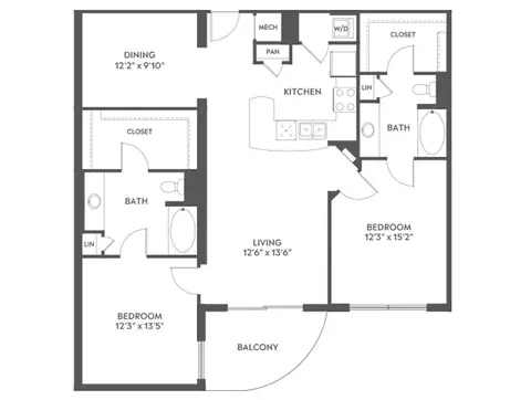 Floor plan C7b, 2 beds · 2 baths · 1,384 sf