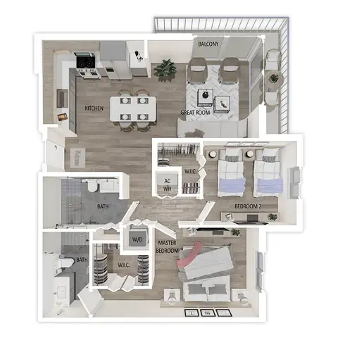 Floor plan B1.6, 2 beds · 2 baths · 980 sf