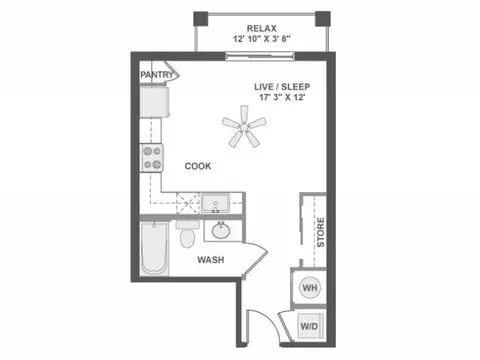 Floor plan E1, Studio · 1 bath · 435 sf