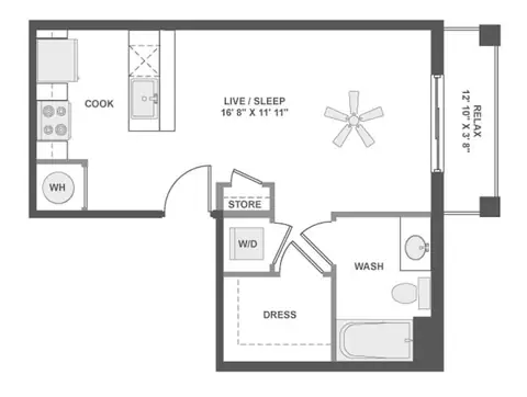 Floor plan E2, Studio · 1 bath · 490 sf