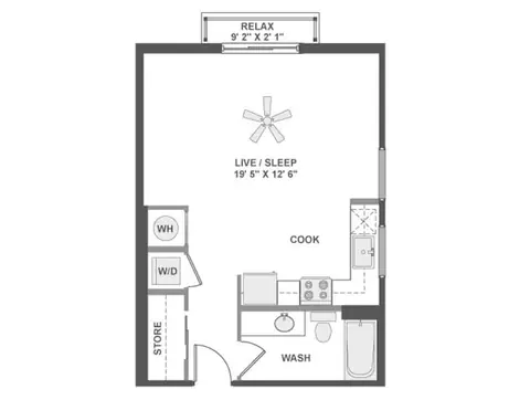 Floor plan E5, Studio · 1 bath · 570 sf