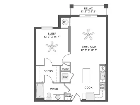 Floor plan A2, 1 bed · 1 bath · 675 to 721 sf