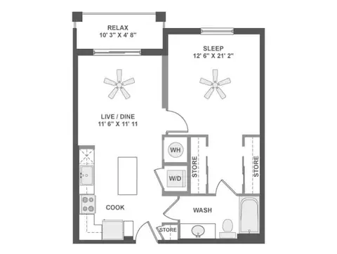 Floor plan A2a, 1 bed · 1 bath · 682 to 692 sf