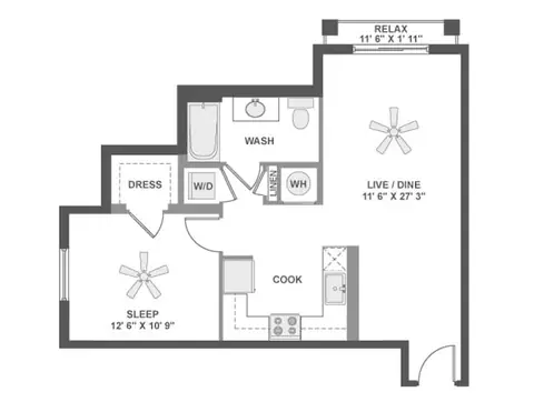 Floor plan A3d, 1 bed · 1 bath · 733 sf