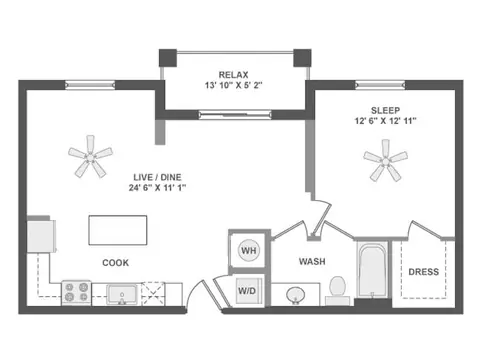 Floor plan A3e, 1 bed · 1 bath · 737 sf
