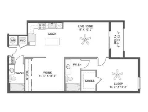 Floor plan A6D, 1 bed · 2 baths · 1,011 sf