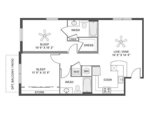 Floor plan C3b, 2 beds · 2 baths · 993 sf