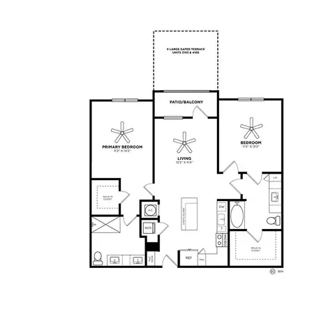 Floor plan Cyan, 2 beds · 2 baths · 1,109 sf