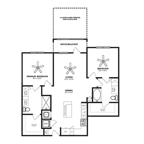 Floor plan Coral, 2 beds · 2 baths · 1,113 sf