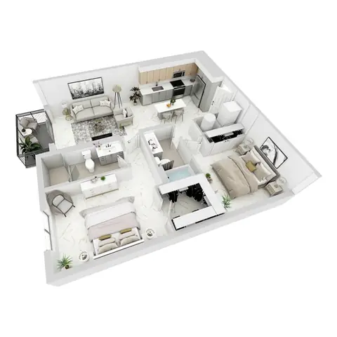 Floor plan P-B1, 2 beds · 2 baths · 1,003 sf