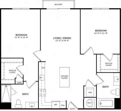 Floor plan B1, 2 beds · 2 baths · 969 sf