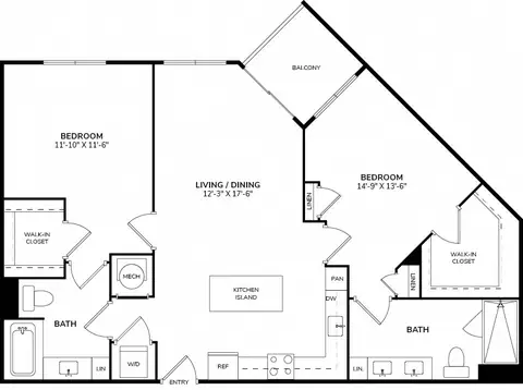 Floor plan B2, 2 beds · 2 baths · 1,101 sf