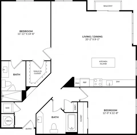 Floor plan B3, 2 beds · 2 baths · 1,171 sf
