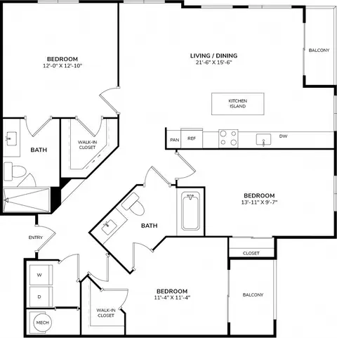 Floor plan C1, 3 beds · 2 baths · 1,302 sf